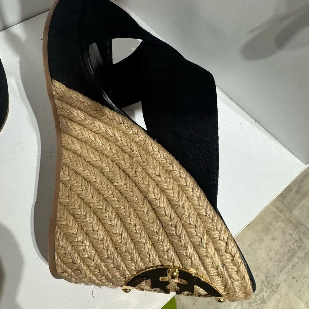 Tory Burch Black and Tan Espadrille Wedges